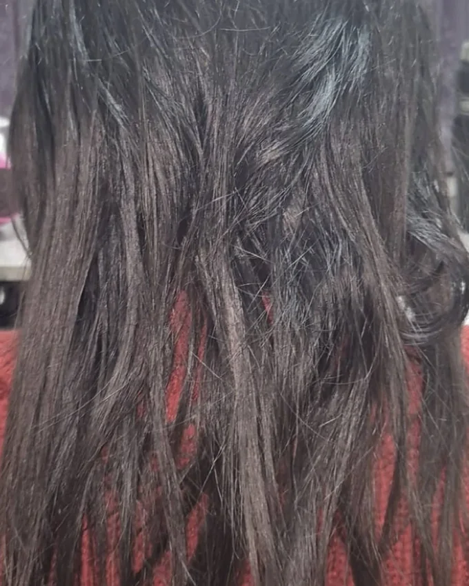 Dark hair, frizzy and matted at the ends