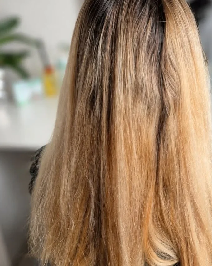 Blonde hair with a visible dark root and rough ends